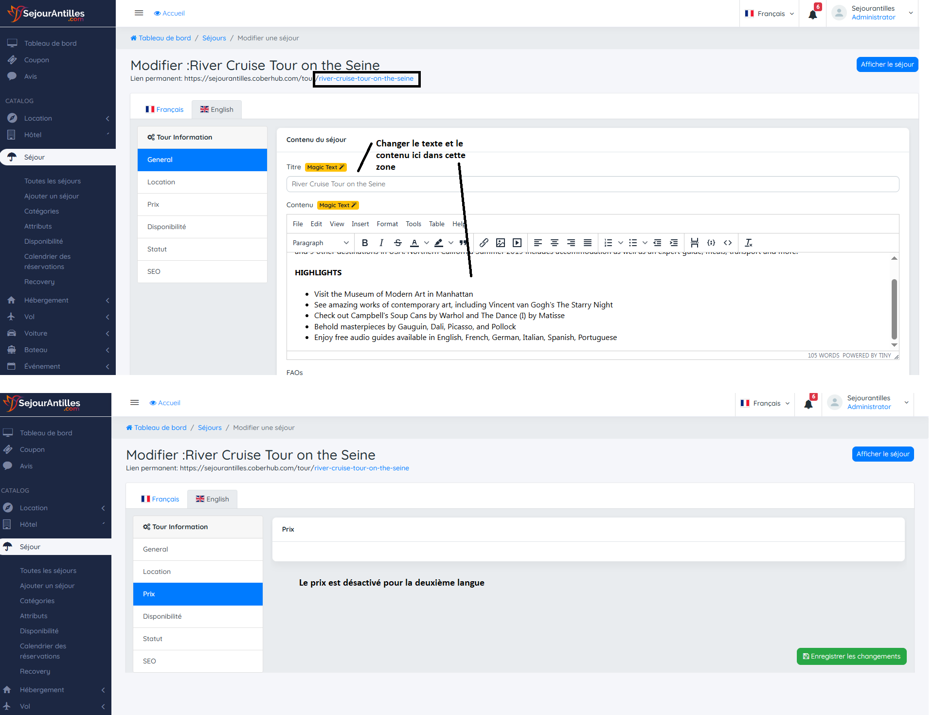 Multi-langue pour les Séjours/Circuits
